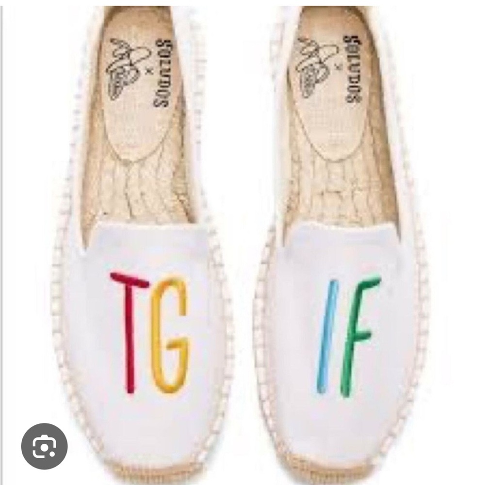 Soludos White Espadrilles with TGIF Embroidery